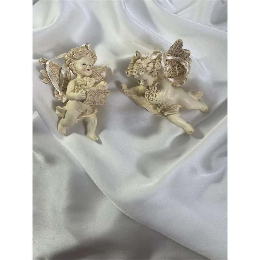 Vinatge Avon 1996 Cherub Ornament Set Of 2 Basket If‎ Fruit & Flowers New In Box